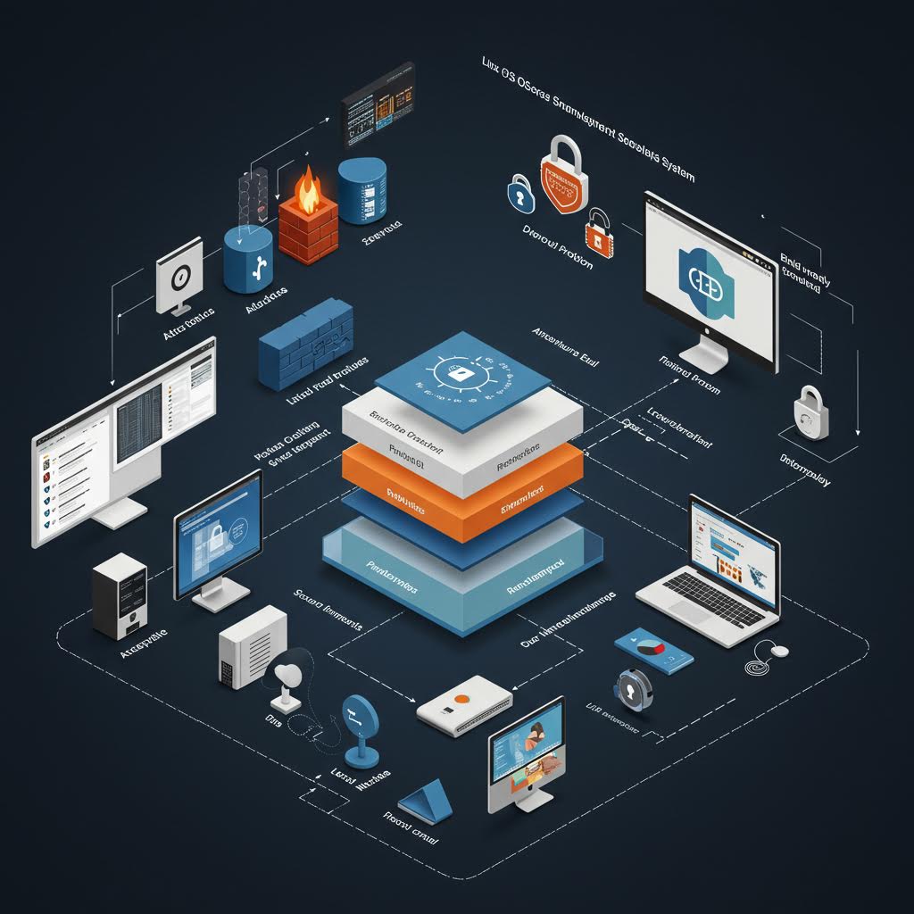 보안 플랫폼의 계층 구조와 방화벽 시스템을 온카스터디 감성으로 표현한 3D 다이어그램