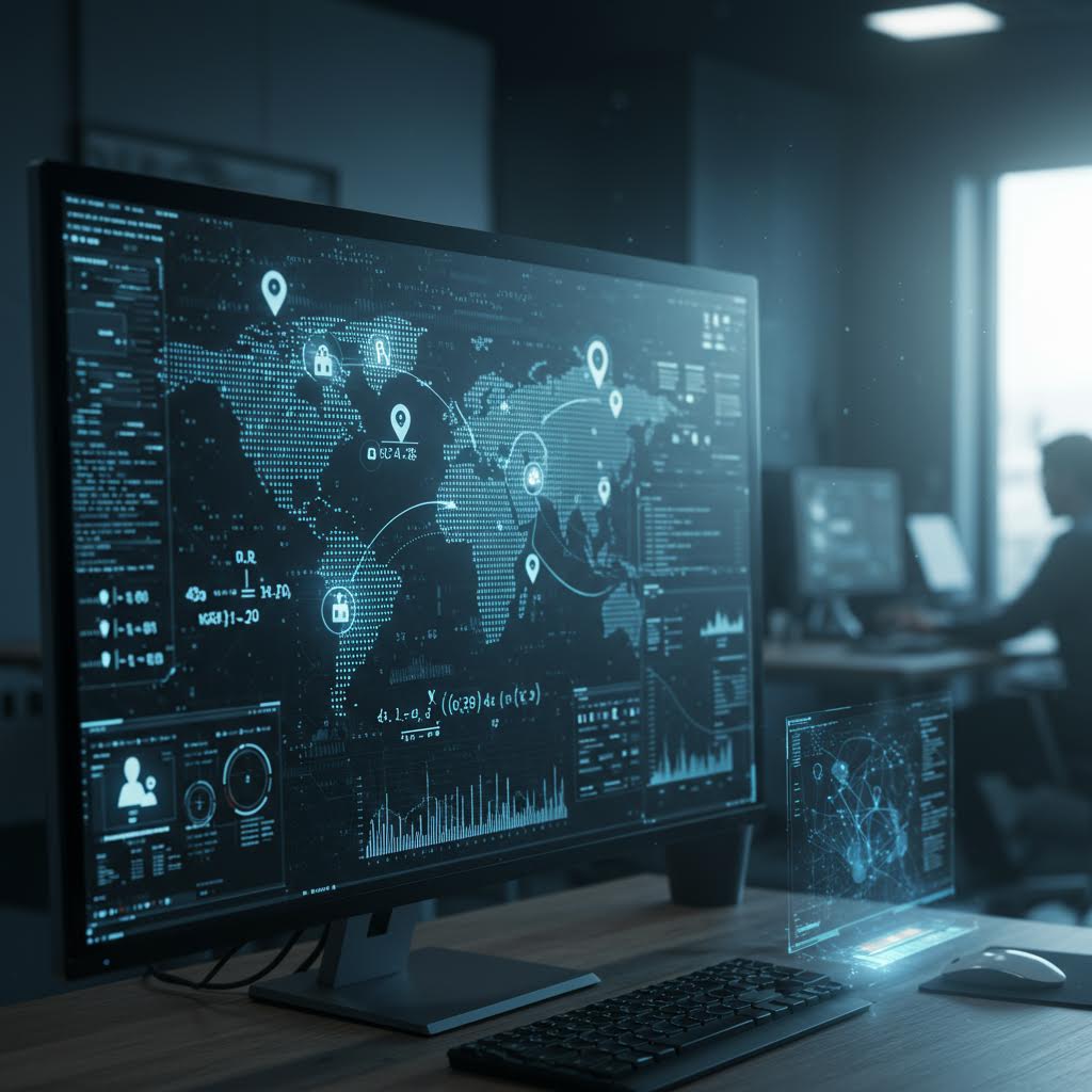 네트워크 보안 도구 생태계가 글로벌 지도 화면 속에 표현된 장면