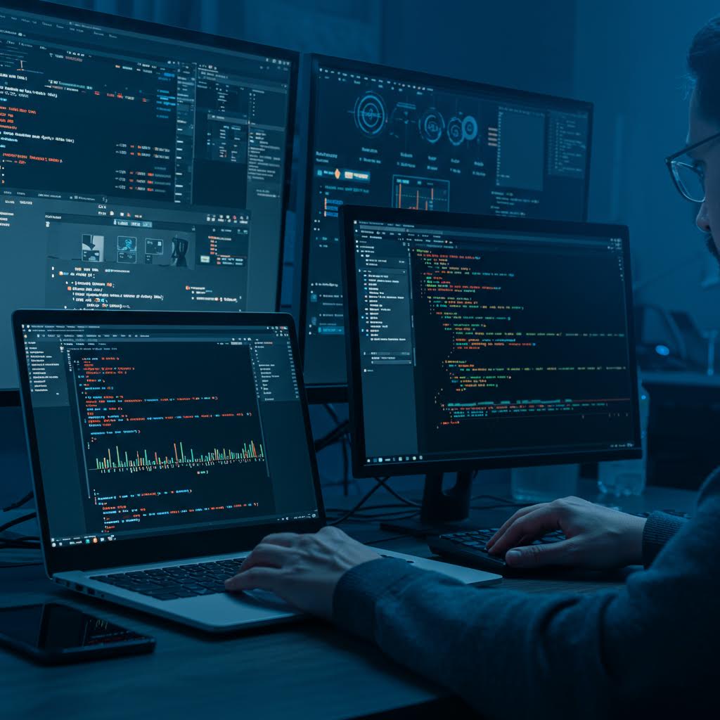 보안 소프트웨어 테스트 화면을 집중적으로 살펴보는 장면 속에 온카스터디의 의미가 담긴 모습