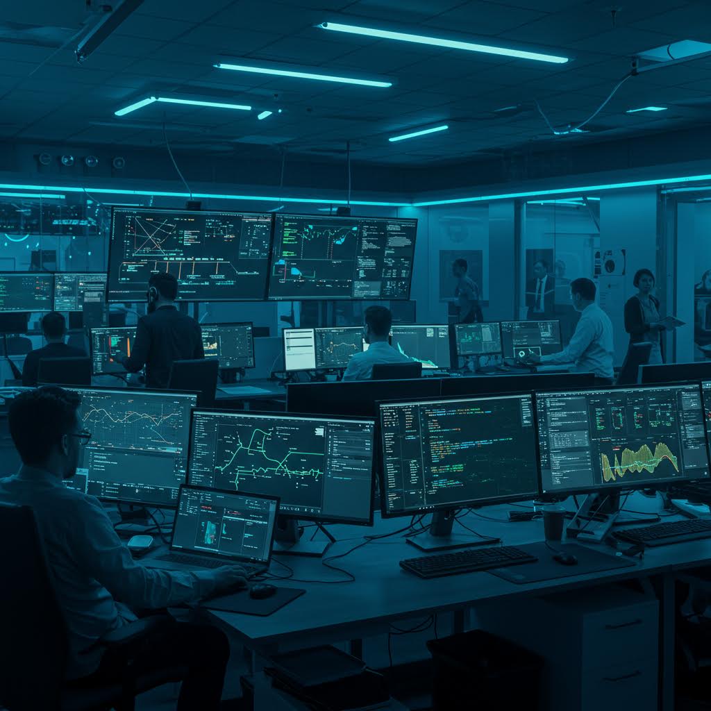 보안 관제센터에서 여러 대의 모니터를 통해 실시간 보안 상황을 분석하고 관리하는 장면