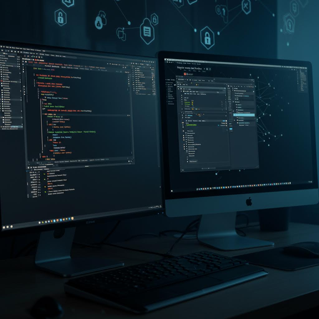 온카스터디를 활용한 보안 관리가 이중 모니터의 네트워크 설정 화면으로 드러난 이미지