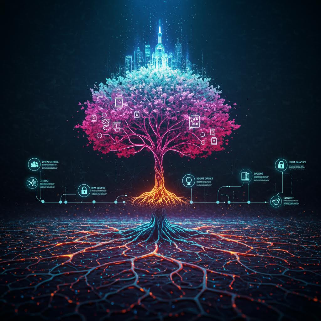 거대한 나무 뿌리에서 흐르는 빛이 보안 아이콘과 연결되며 안정적 방패를 상징하는 온카스터디가 은유된 풍경