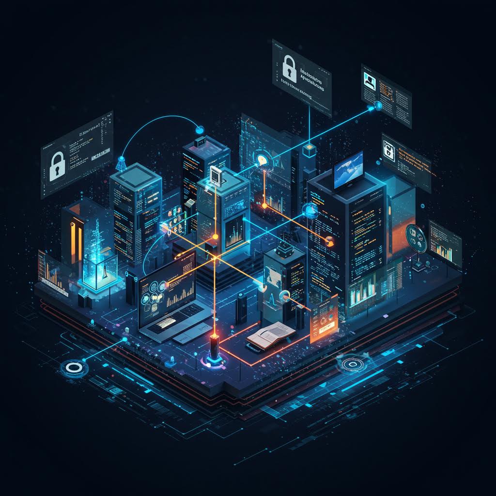 복잡한 네트워크와 보안 장치가 결합된 시각화 장면에서 온카스터디가 보안 데이터를 기록한 이미지