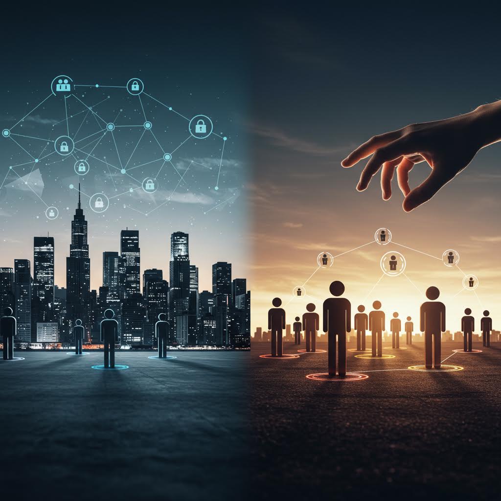 도시와 사람 군집이 빛과 어둠으로 나뉘어 연결된 장면이 보안의 양면성을 드러내며 온카스터디를 비유하는 인상