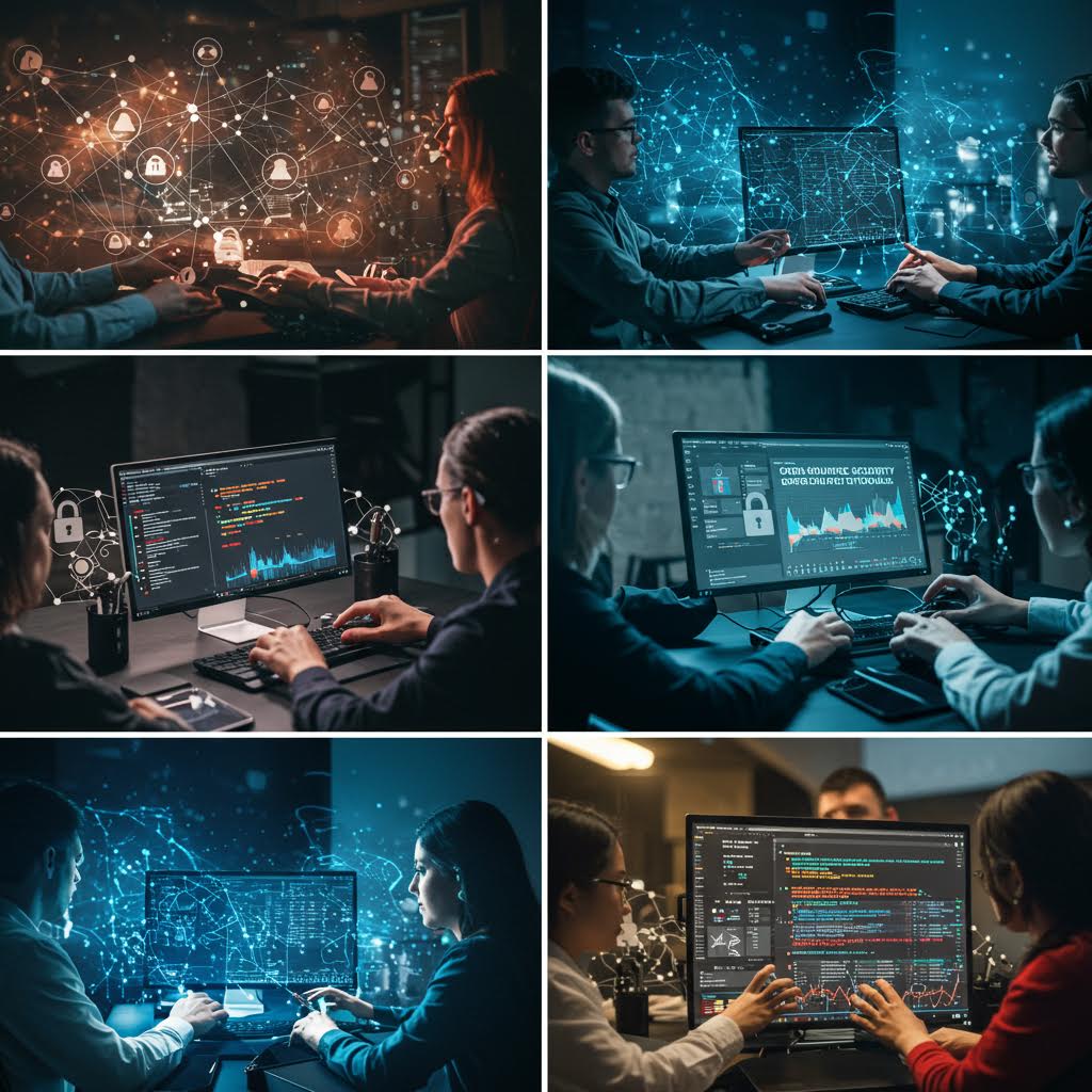 여러 명의 연구자가 연결망 속 데이터를 시각화하며 코드 안정성을 점검하는 장면