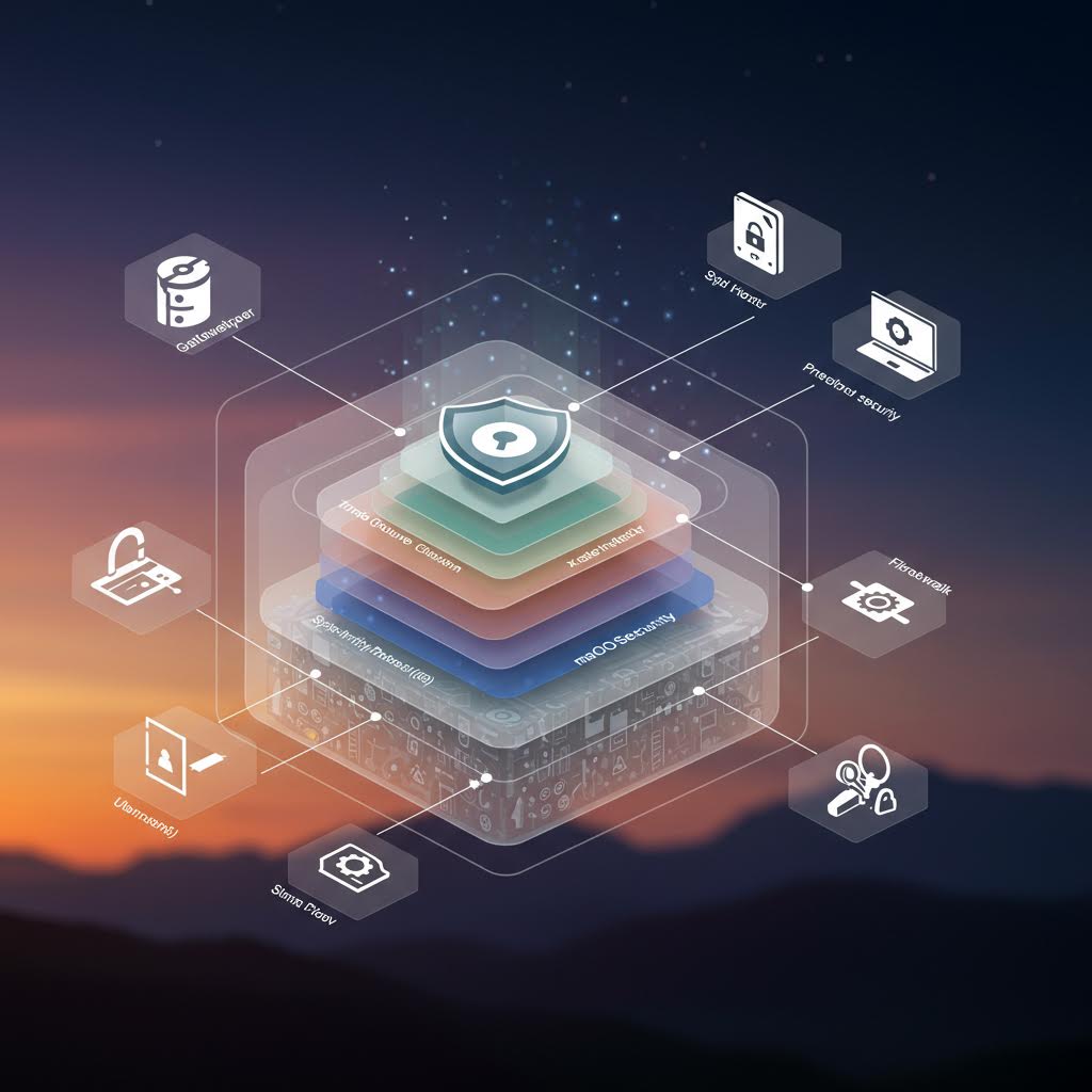 다층 보안 레이어가 겹겹이 쌓인 3D 구조 속에서 온카스터디가 은유되며 네트워크 흐름을 시각화한 장면