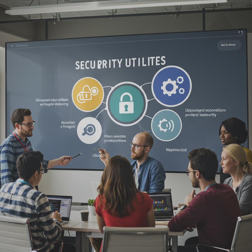 팀원들이 스크린 앞에서 의견을 나누는 모습을 온카스터디처럼 표현하며 사이버 보안 흐름을 드러낸 요소