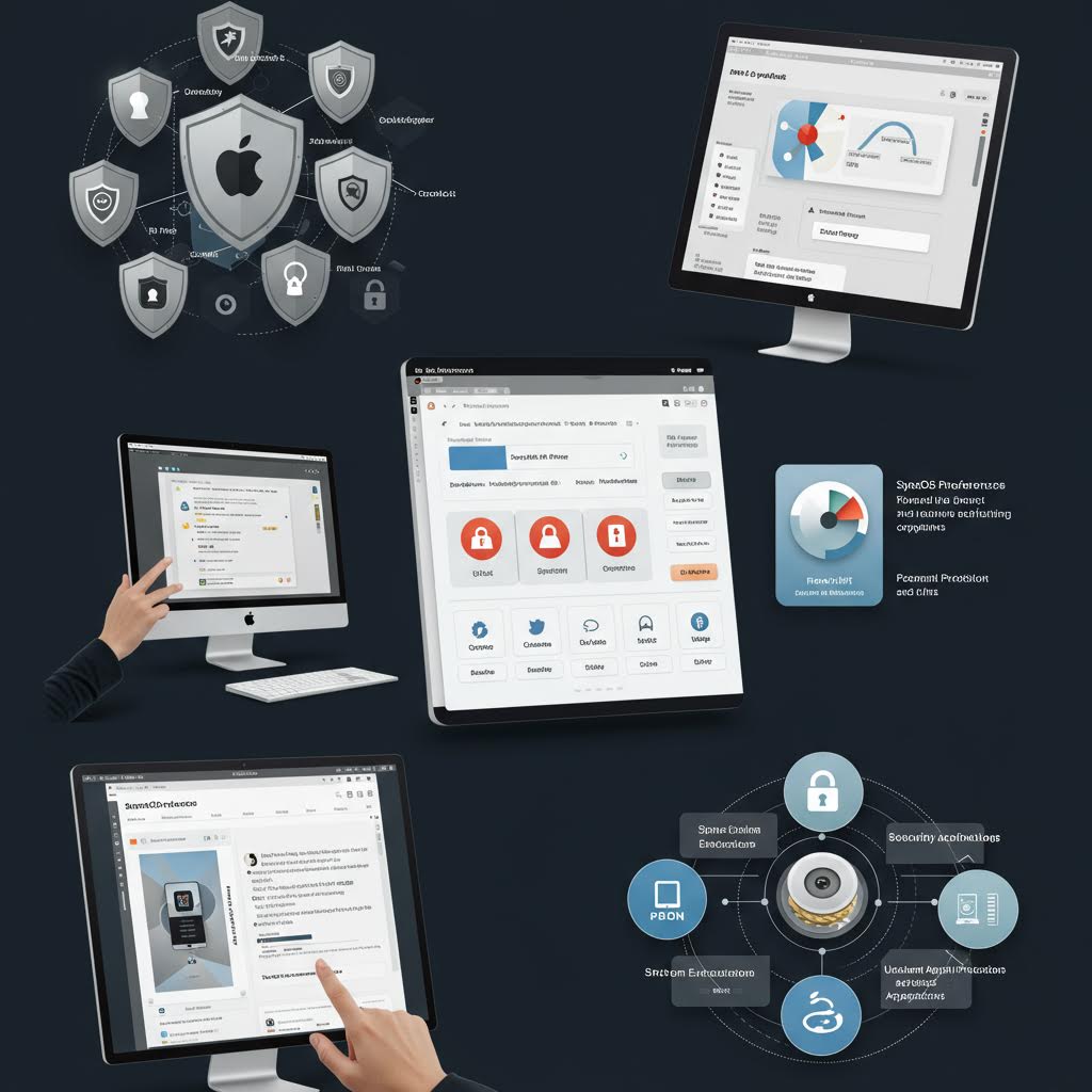 모니터와 태블릿에 나타난 보안 정책 화면들이 서로 연결되며 조직적 방어망을 드러내는 온카스터디의 장면