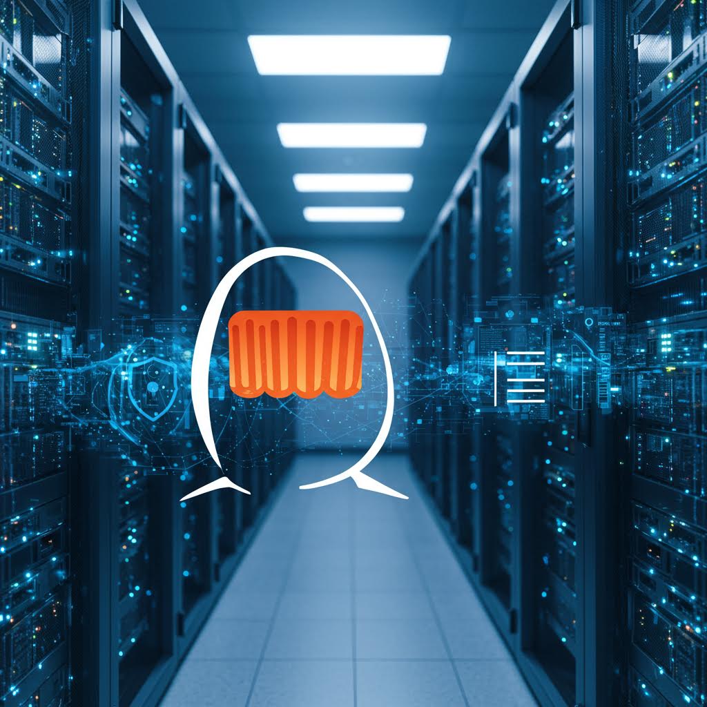 서버실 복도에 떠 있는 붉은 컨테이너 상징물이 가상화된 보호막처럼 겹쳐지며 온카스터디가 연상되는 풍경