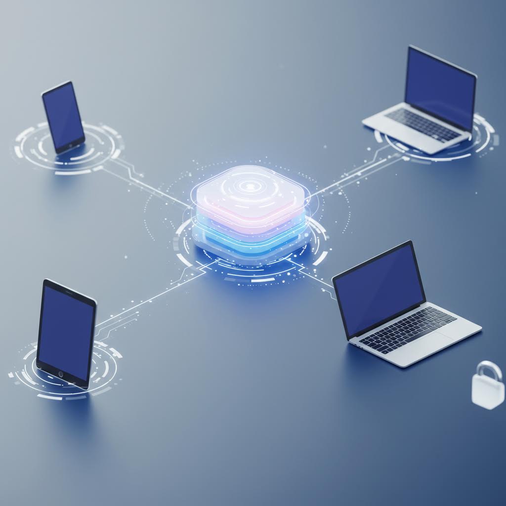 중앙 서버와 연결된 노트북들이 푸른 빛으로 네트워크를 형성하는 장면은 세밀한 온카스터디 분석을 떠올리게 하는 순간