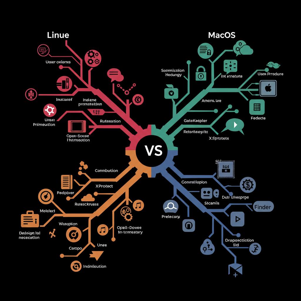 검은 배경 위에 다채로운 색상의 네트워크 다이어그램이 확장되며 두 플랫폼의 특징을 대비시키는 구성이 온카스터디의 보안을 은근히 반영하는 모습