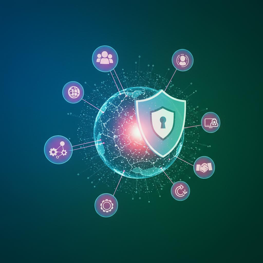 지구를 감싸는 빛과 방패 아이콘이 교차하며 온카스터디가 떠오르는 신뢰의 상징으로 이어지는 장면