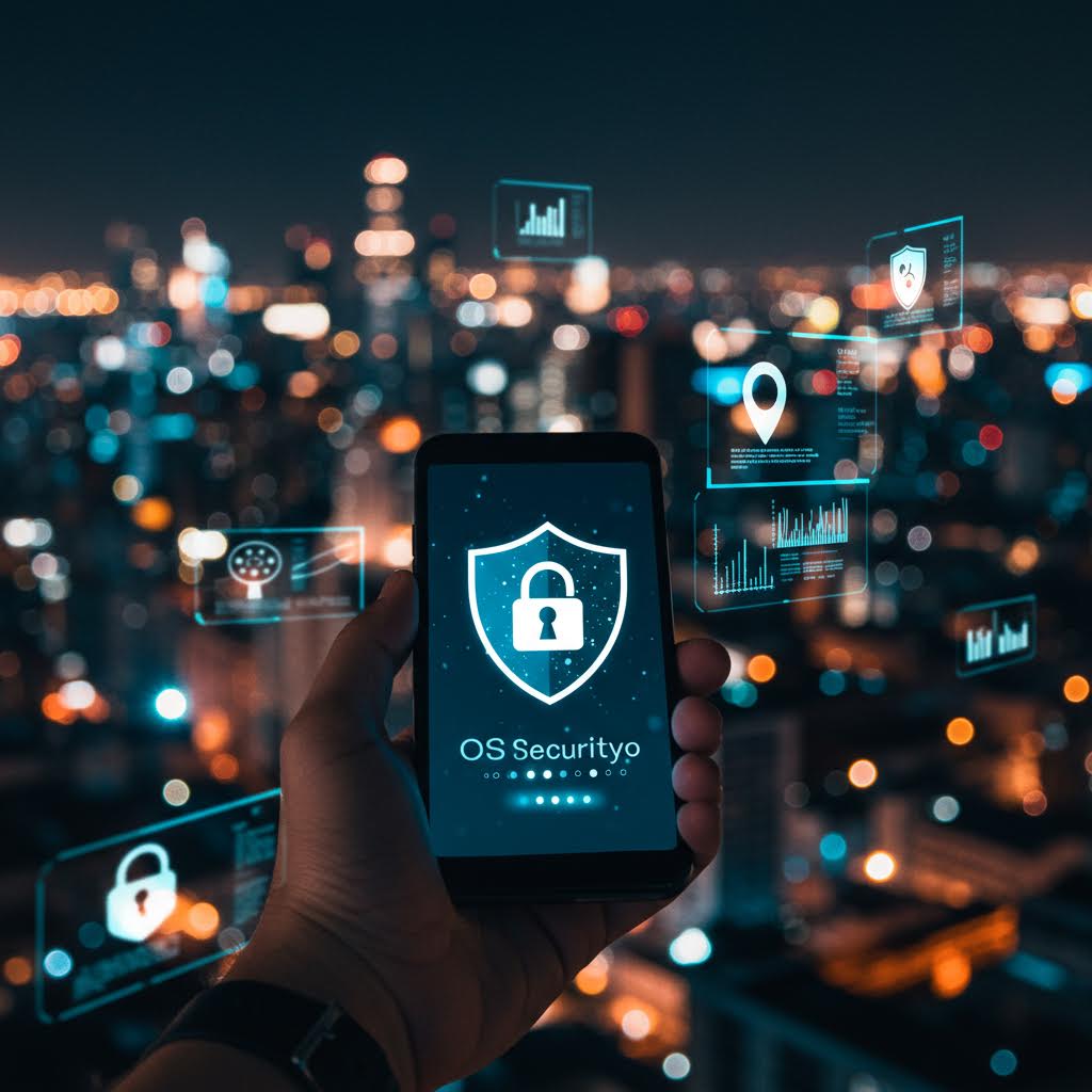 네온 불빛의 도시 전경과 함께 디지털 자물쇠 아이콘이 강조된 모바일 보안 상징 이미지