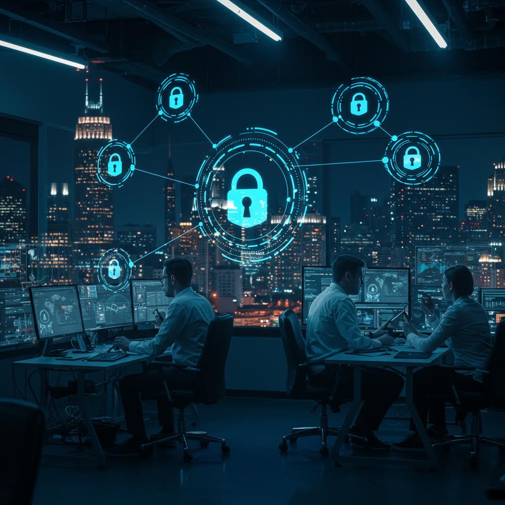 보안 네트워크가 시각화된 홀로그램 자물쇠 아이콘들이 도시 야경과 연결되고, 전문가들이 모니터 앞에서 온카스터디 사이버 보안을 관리하는 장면