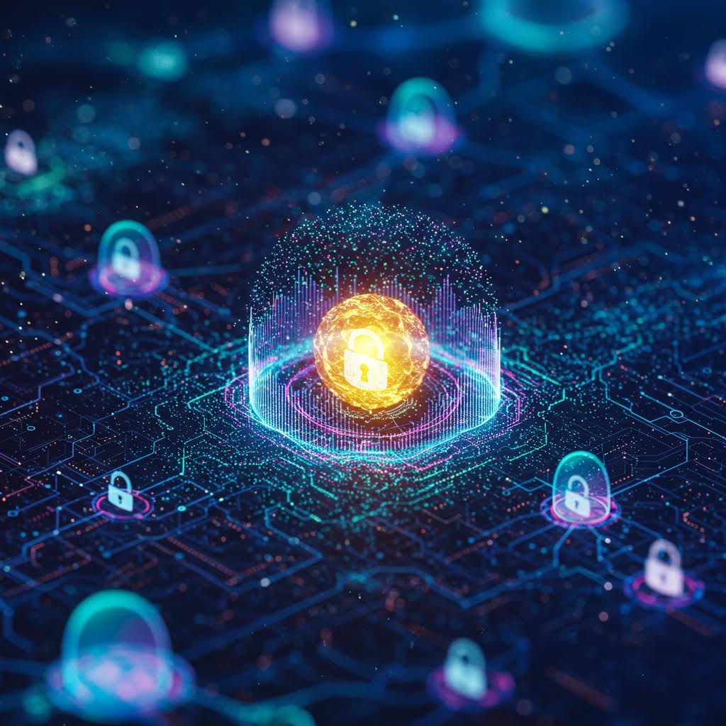 디지털 네트워크를 상징하는 이미지 속에서 온카스터디 학습 과정에 적용 가능한 보안 시각 자료