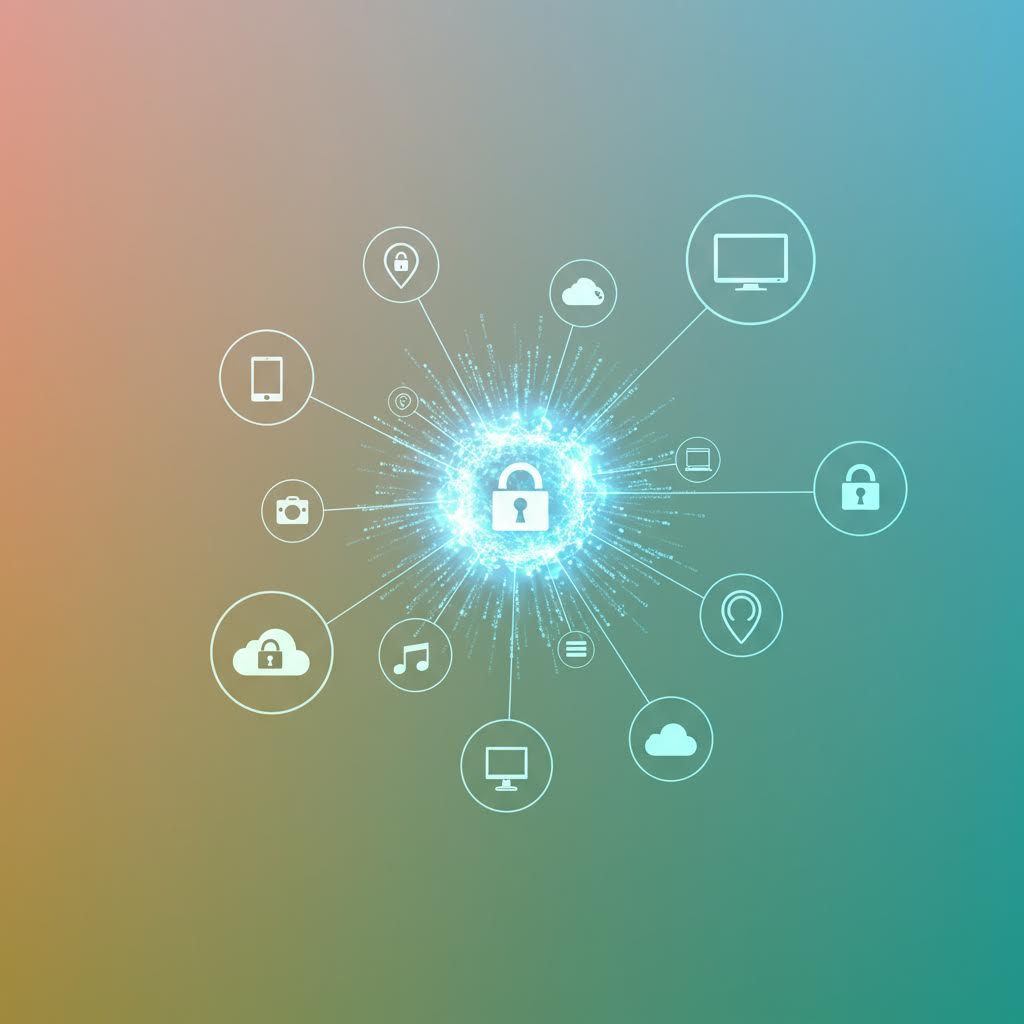 중앙의 자물쇠 아이콘에서 퍼져나가는 빛줄기가 다양한 기기와 연결되며 온카스터디가 교차하는 보안 네트워크의 장면