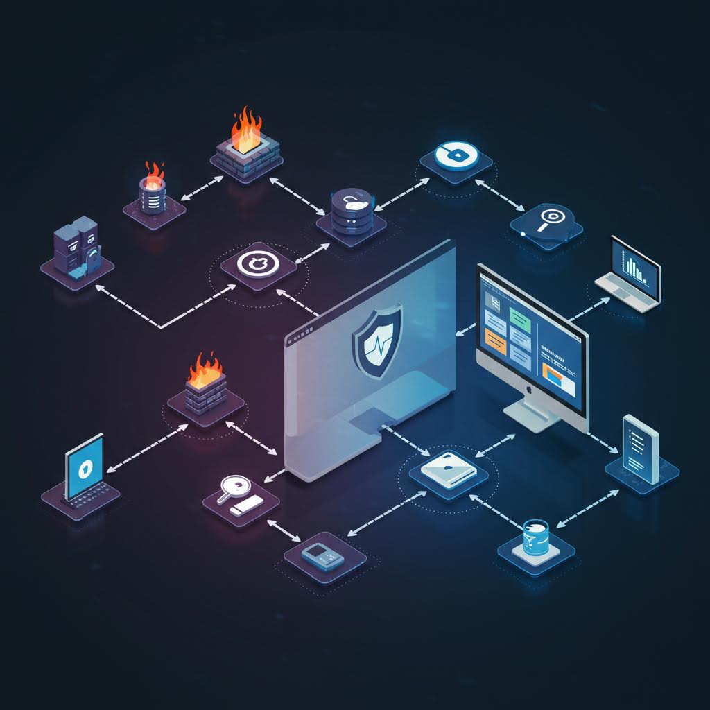 방화벽 아이콘과 서버, 보안 모니터링 화면이 연결된 네트워크 구조도, 이는 온카스터디를 연상시키는 신뢰와 안정 기반 플랫폼을 은유적으로 표현한 이미지