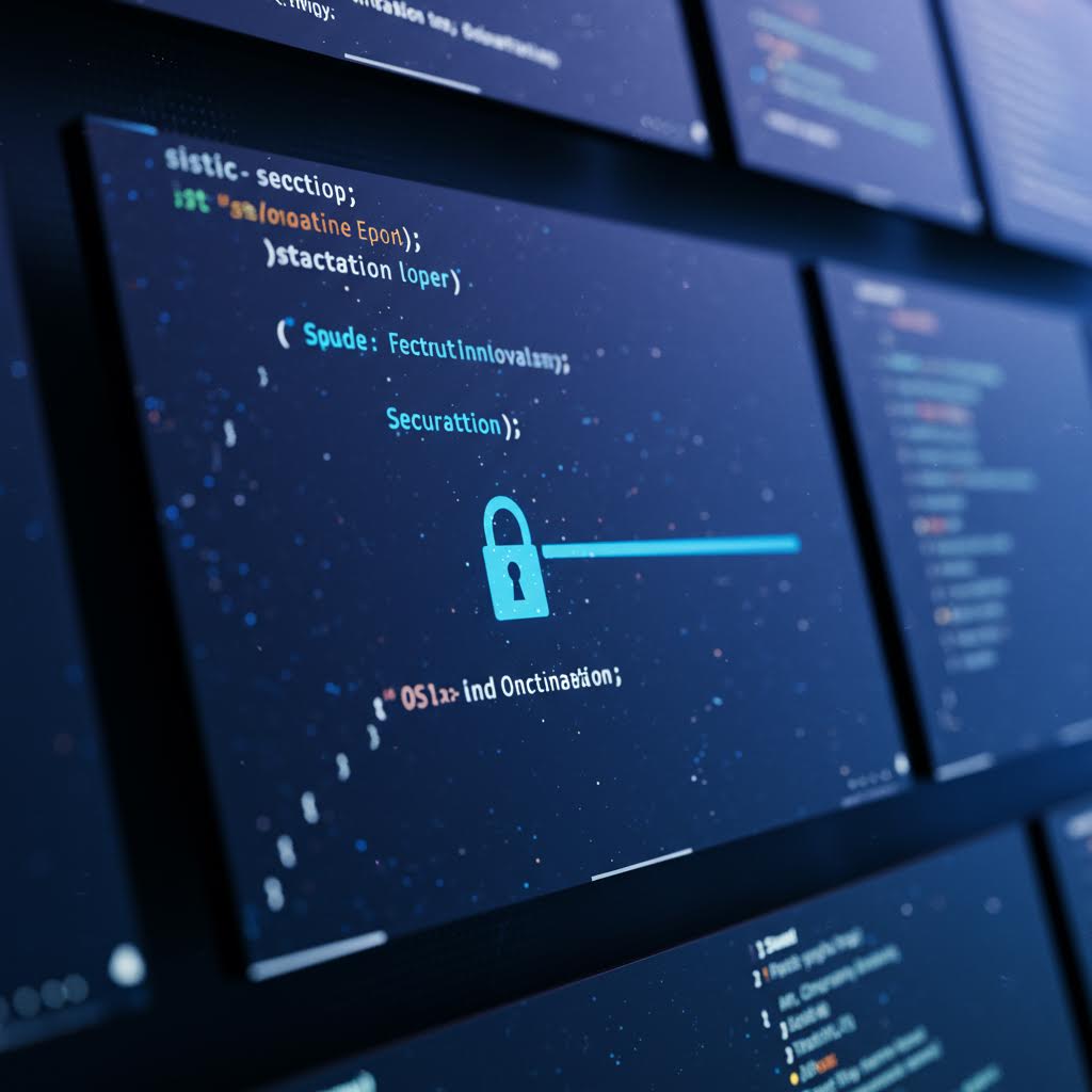 푸른빛 코드 화면 위에 자물쇠 아이콘이 떠오르며 방어 체계를 상징하는 순간이 안전을 은유하는 온카스터디의 흐름