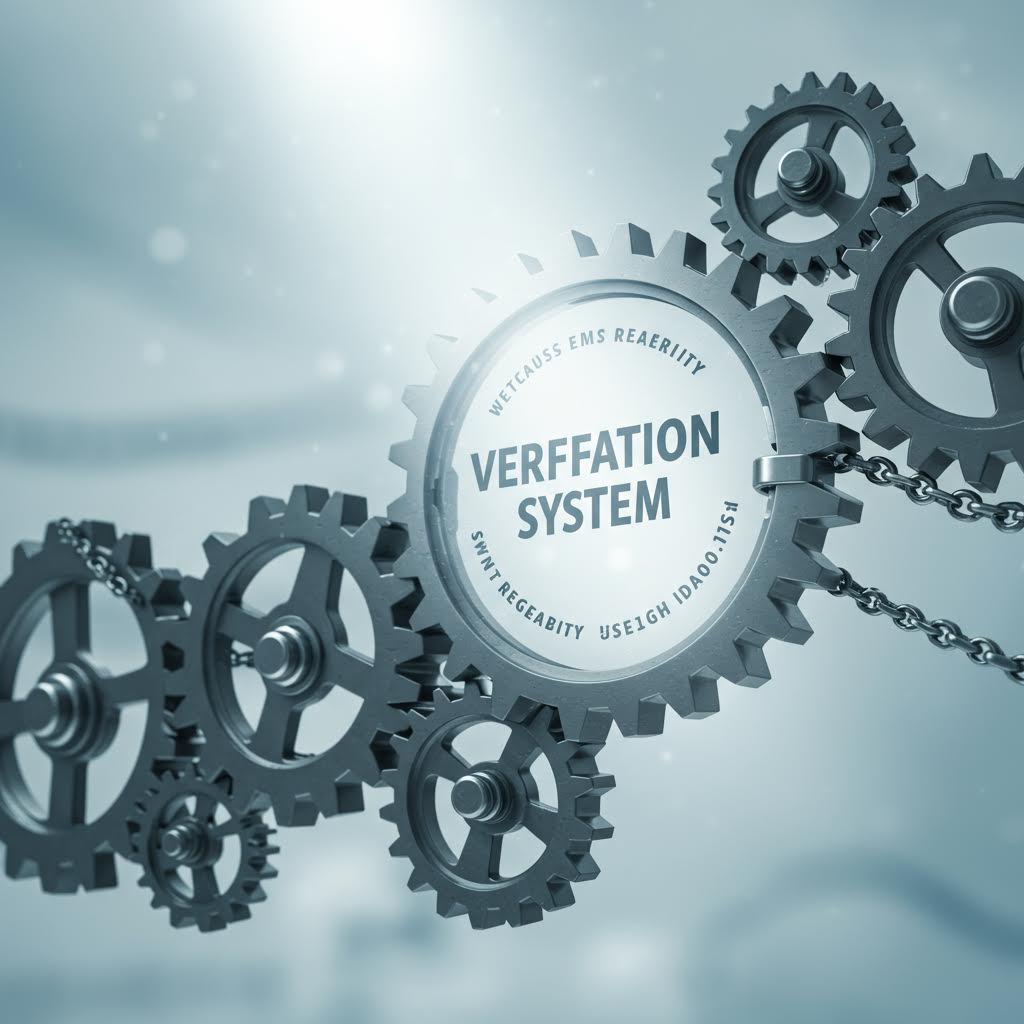 기어 장치와 검증 시스템 문구가 결합된 그래픽으로 신뢰성 보안 개념을 설명하는 이미지