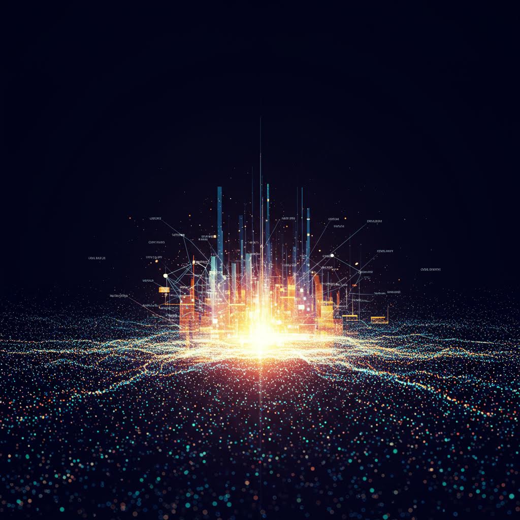 네온빛 데이터 스트림이 모여 형성된 추상적 도시 풍경이 사이버 보안의 취약성과 한계를 시각화한 장면