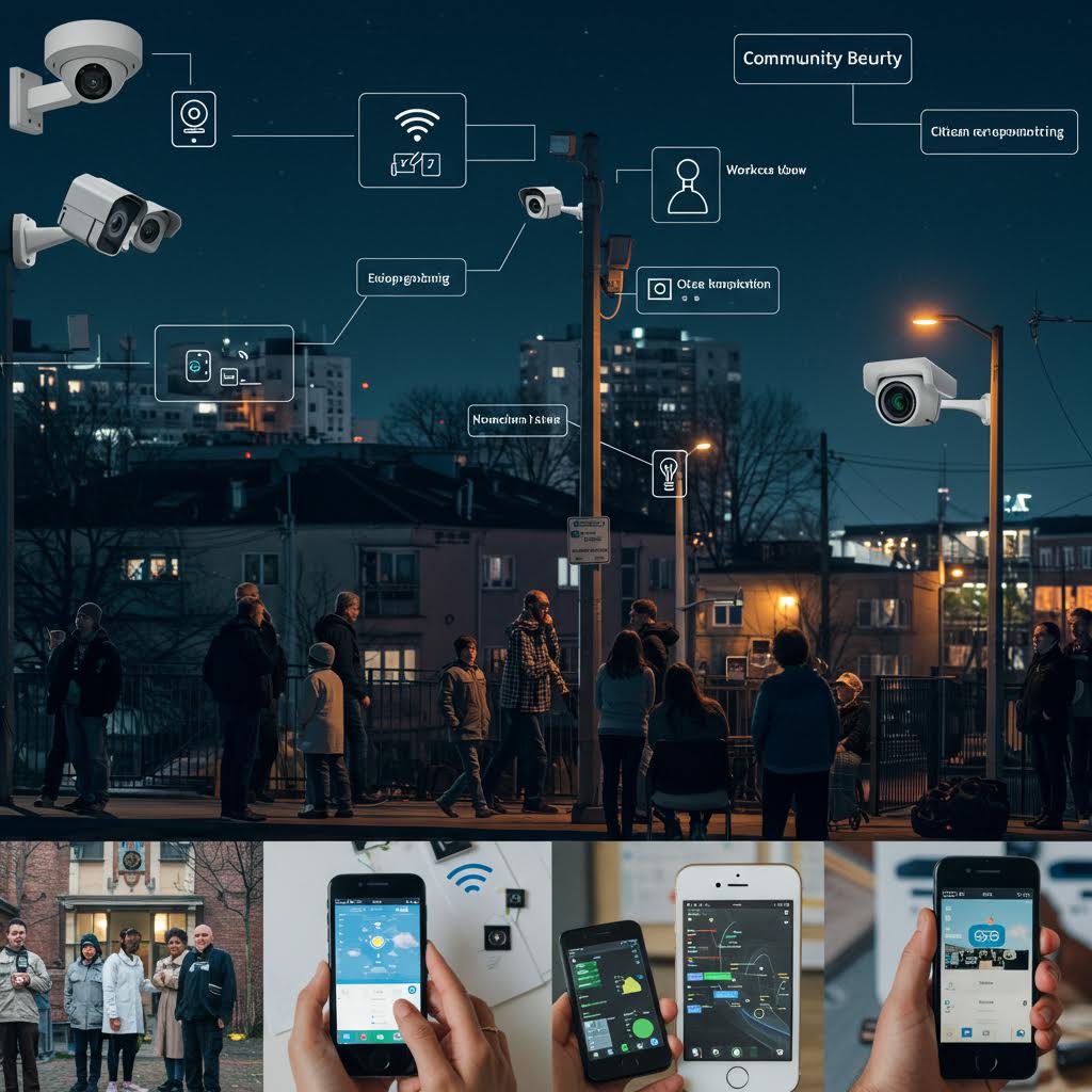 스마트폰 화면과 도시의 카메라들이 맞물려 위협을 차단하는 장면이 투명한 검증을 닮은 온카스터디의 울림