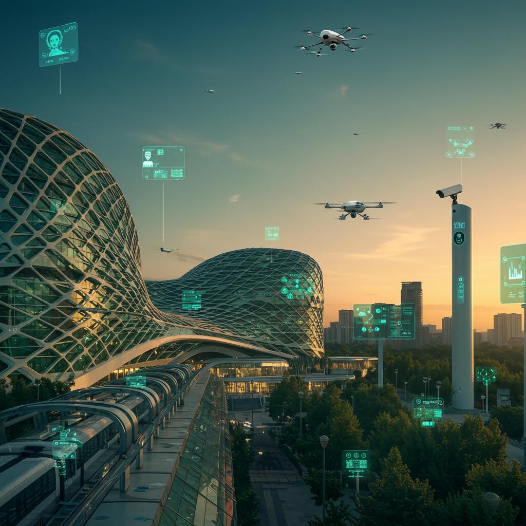 드론과 데이터 패널이 떠오르는 도시 하늘 아래 기술과 신뢰가 공존하는 온카스터디의 흐름