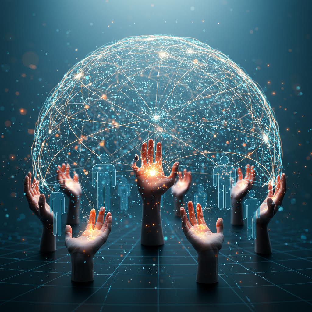 여러 손이 빛나는 구체를 향해 뻗어 있으며, 글로벌 네트워크와 디지털 연결성을 상징하는 인간 형상 아이콘들이 둘러싸고 있는 이미지