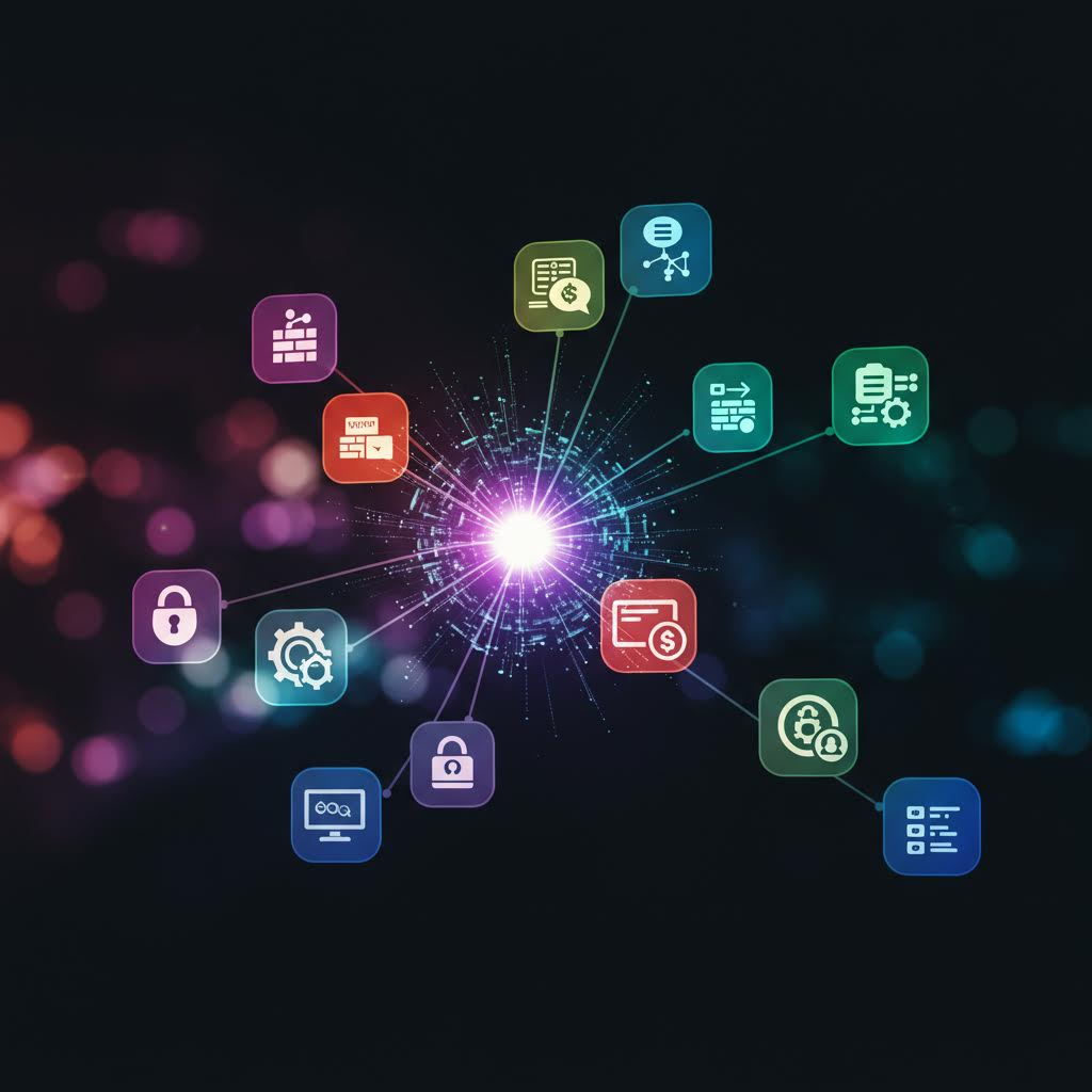 중심의 빛에서 뻗어나가는 데이터 아이콘들이 온카스터디의 검증 체계를 닮은 정밀한 장면