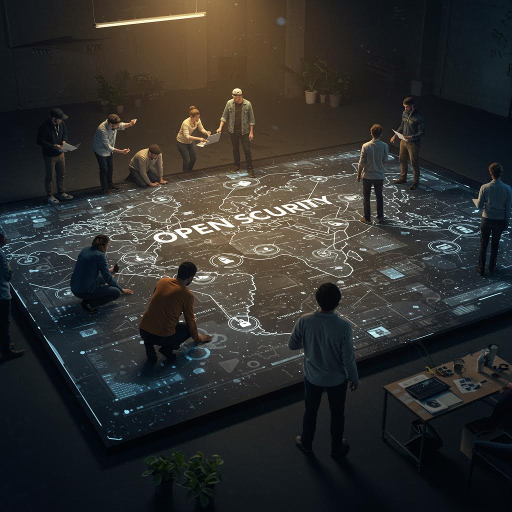 어두운 공간 속 거대한 디지털 지도를 중심으로 사람들이 전략을 분석하며 보안의 흐름을 시각화한 장면