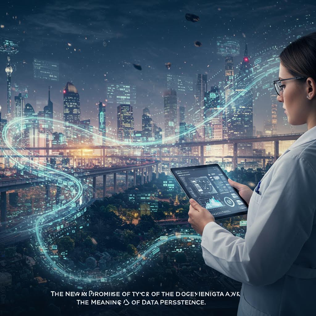 태블릿을 들고 미래형 도시 스카이라인과 디지털 데이터 흐름을 바라보는 여성 전문가, 데이터 지속성의 약속을 나타내는 이미지