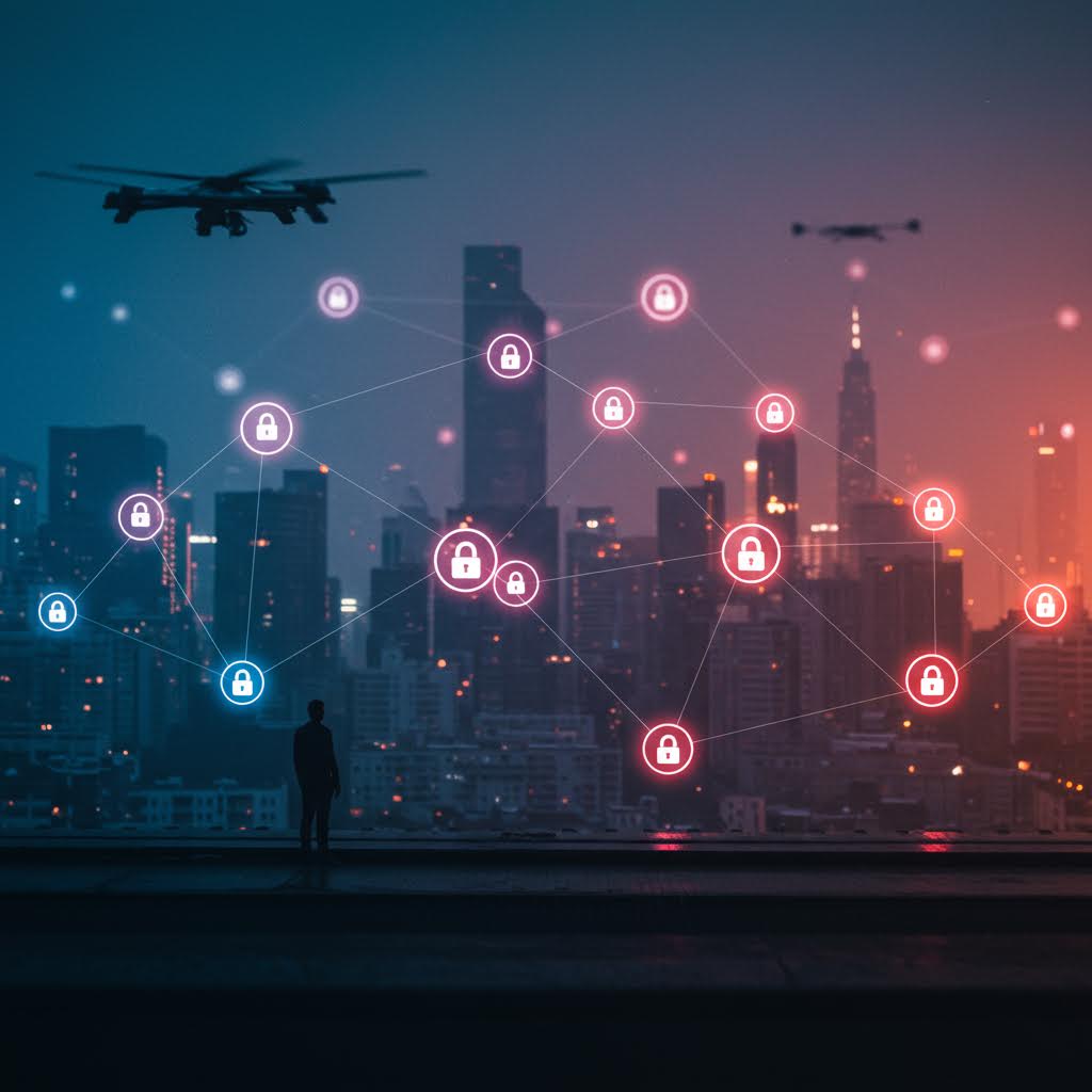 도심의 불빛 위로 드론과 보안망이 연결된 네트워크가 떠올라 미래의 감시 체계를 암시하는 장면