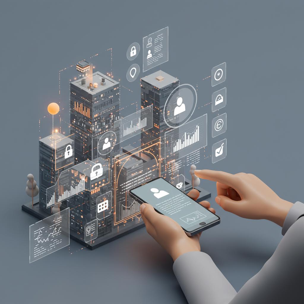스마트폰과 연결된 디지털 빌딩 데이터 구조, 온카스터디의 실시간 도시 데이터 관리 플랫폼을 시각화한 이미지