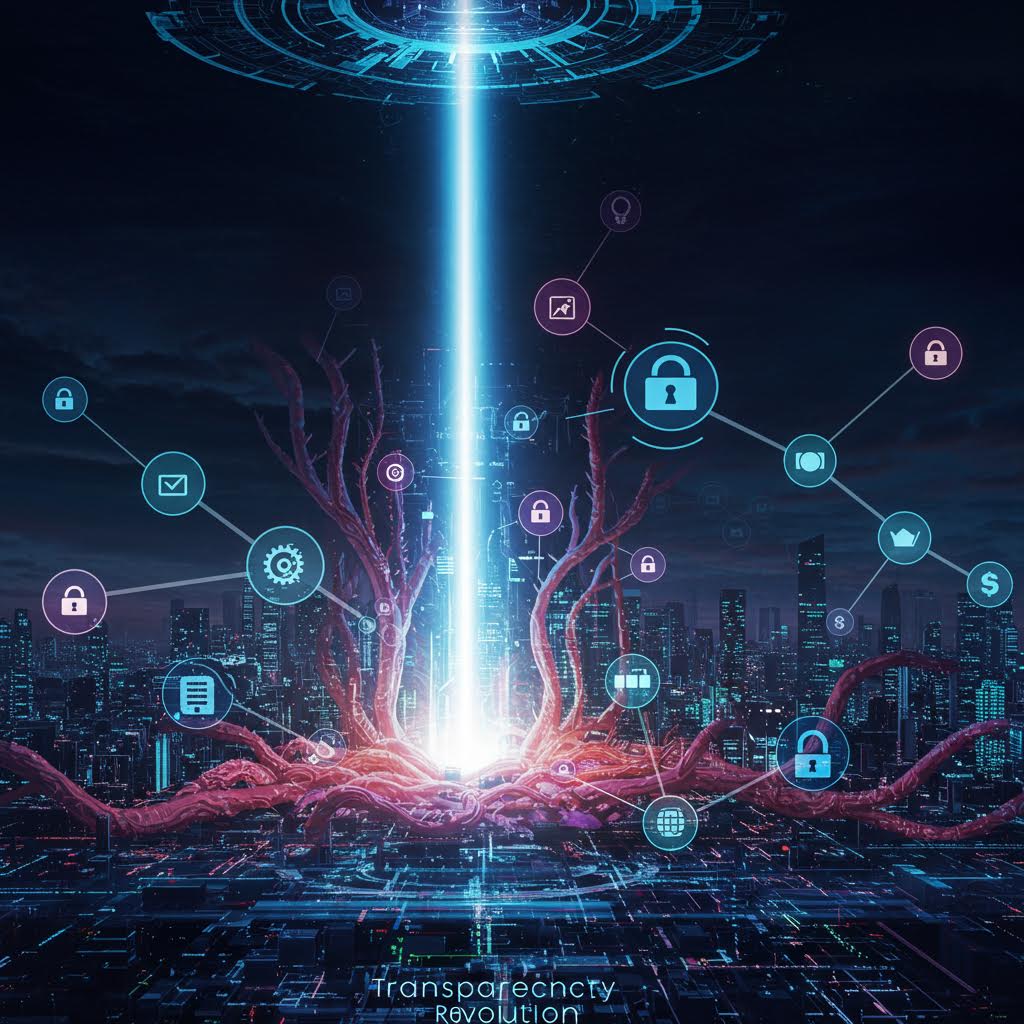 보안 아이콘들이 빛의 궤도를 따라 흐르며 기술과 진정성이 하나로 엮이는 온카스터디의 울림