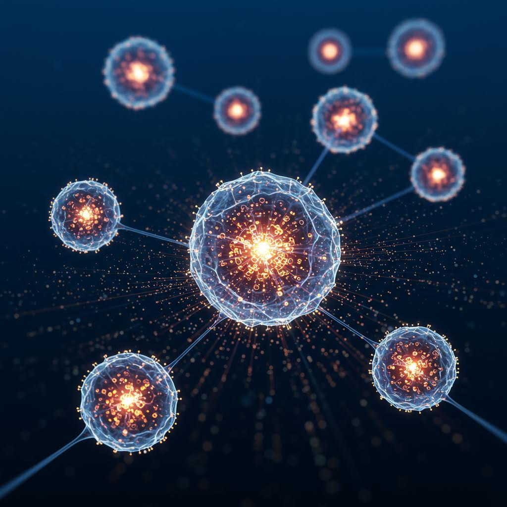 서로 연결된 빛나는 노드들이 네트워크를 형성하며 분산 데이터 저장 및 블록체인 기술을 시각화한 이미지