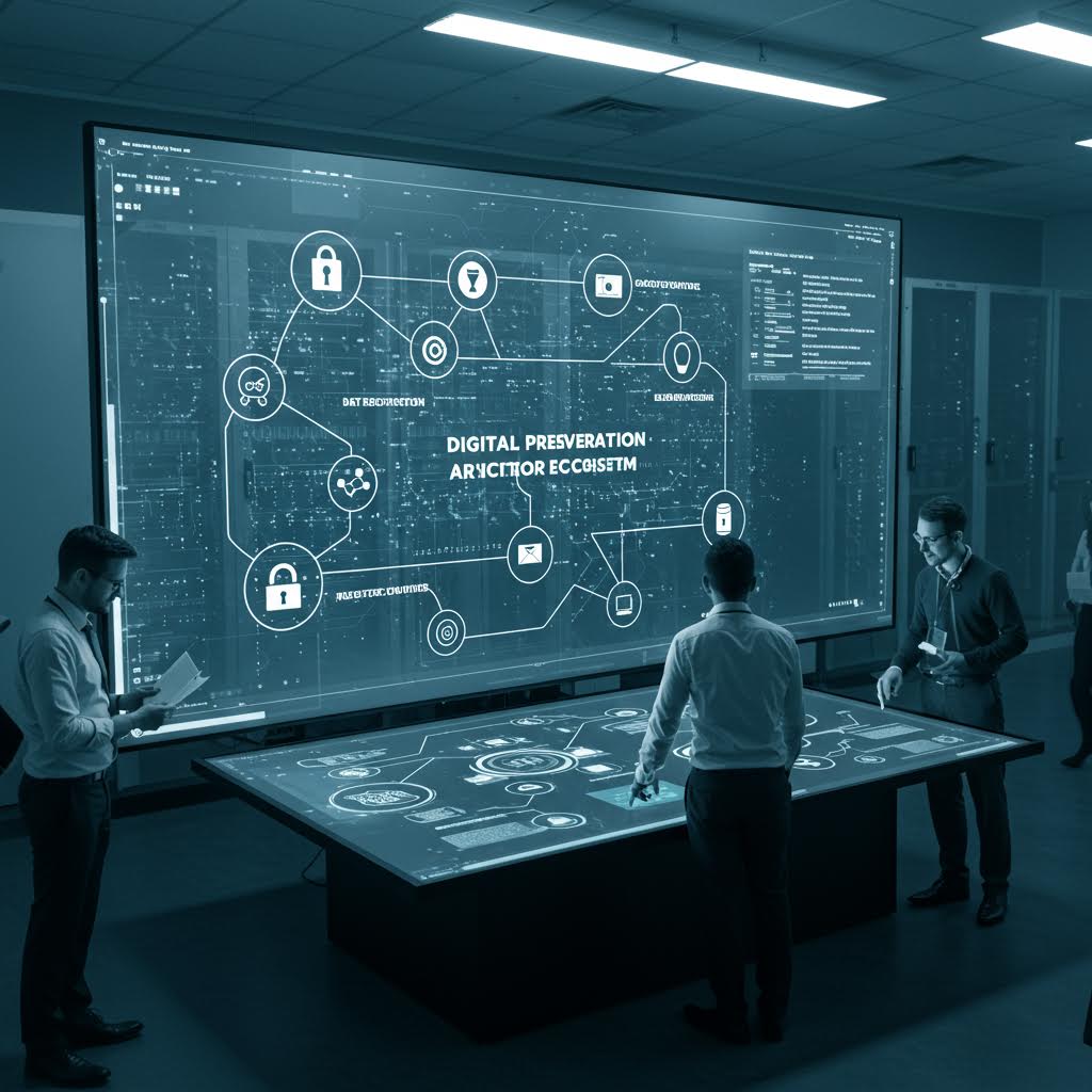연구원들이 대형 인터랙티브 스크린에서 보안 네트워크를 관리하는 장면, 온카스터디의 디지털 보존 및 데이터 신뢰 생태계를 시각적으로 표현