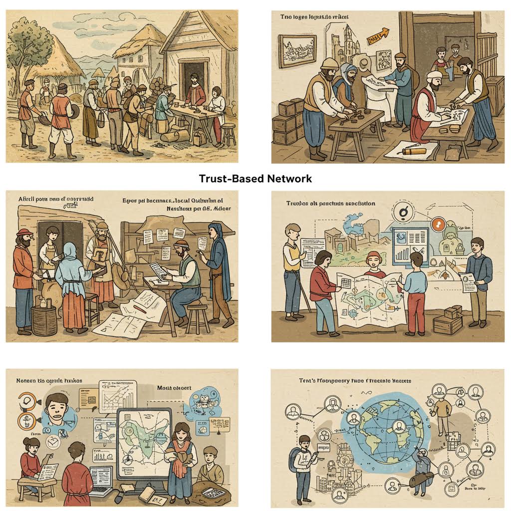 장인과 상인들이 함께 설계를 논의하며 신뢰를 기반으로 협업 구조를 만들어가는 순간