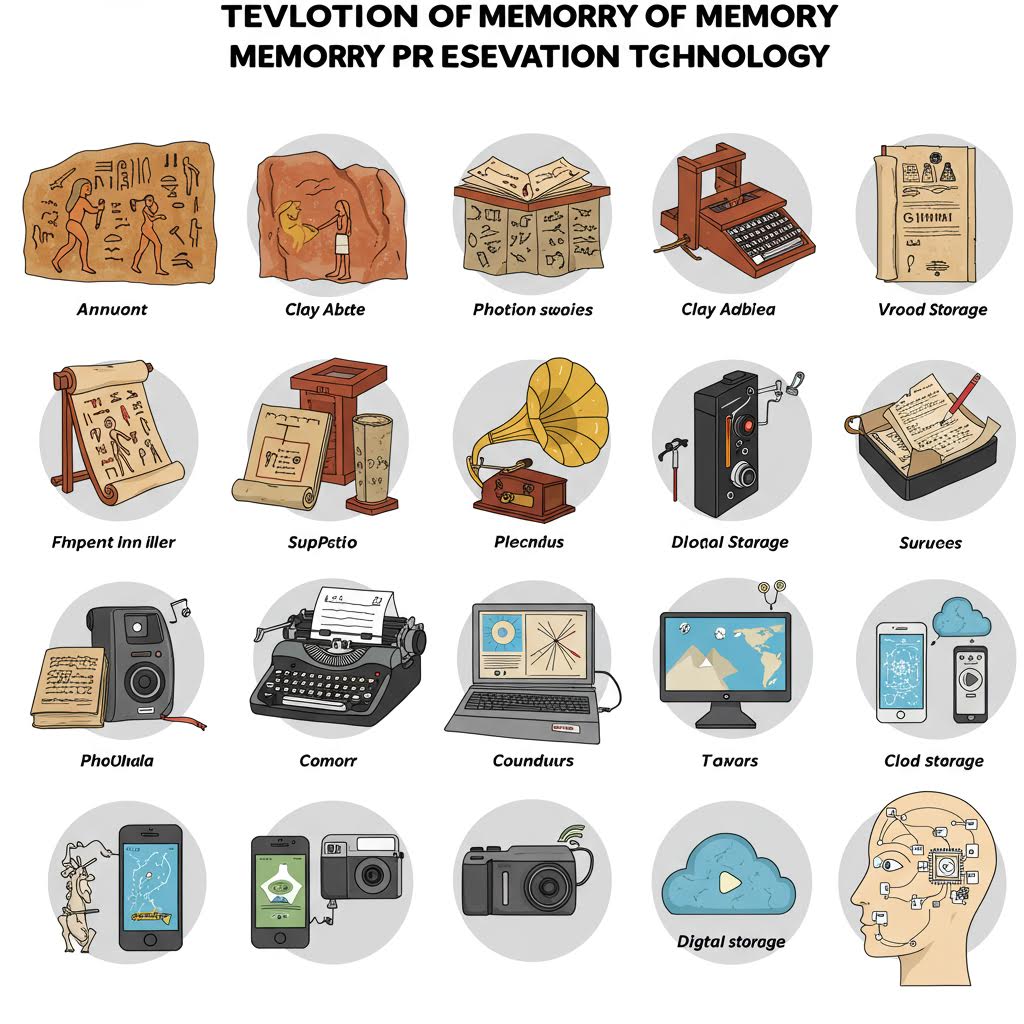 고대 점토판부터 현대 클라우드 스토리지까지 메모리 보존 기술의 진화를 보여주는 일러스트레이션