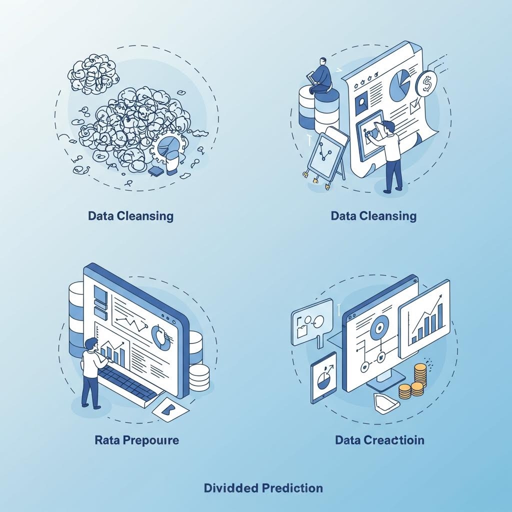 데이터 정제와 전처리 과정을 아이콘과 인물 일러스트로 표현한 데이터 클렌징 그래픽 이미지