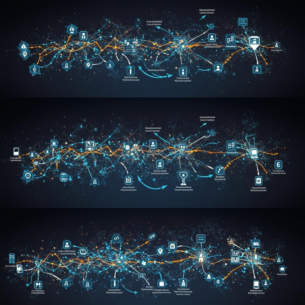 상중하 3단계로 나뉜 디지털 네트워크에서 아이콘과 화살표가 흐르며 데이터 이동 경로를 보여주는 구조도, 온카스터디 다계층 인증 및 정보 흐름 분석 자료.