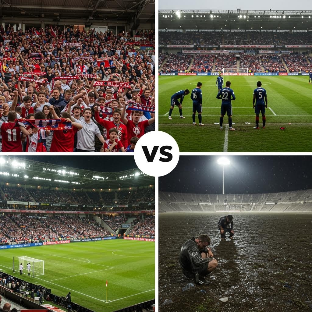 열광적인 팬들과 경기장에 선 선수들, 그리고 악천후 속에서 실망한 선수 대비가 돋보이는 축구 경기 콜라주 이미지