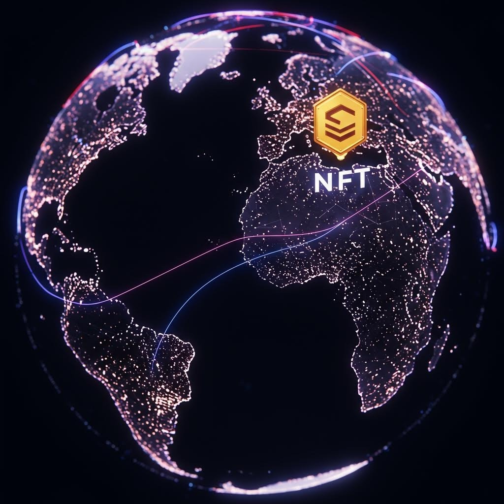 밤에 빛나는 도시 불빛으로 가득한 지구를 배경으로, 유럽 상공에 황금색 육각형 로고와 'NFT' 텍스트가 떠 있으며 글로벌 연결선을 그린 디지털 자산 이미지.
