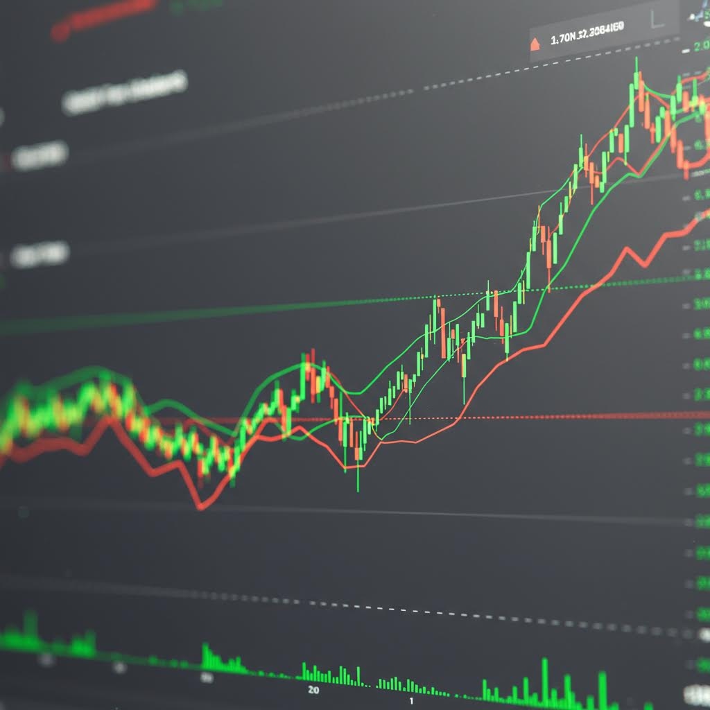 초록색과 빨간색 선이 표시된 캔들 차트가 실시간 가격 변동을 보여주는 금융 그래프 화면