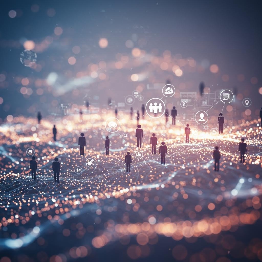 밝은 빛의 지평선 위에 사람 실루엣과 네트워크 아이콘들이 연결된 디지털 공간, 온카스터디 연결된 사회와 신뢰 네트워크 상징 이미지.