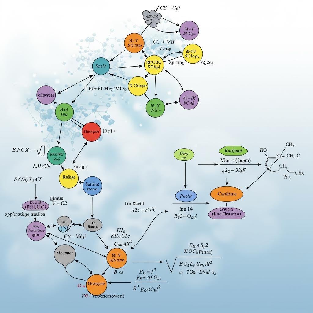 다양한 화학 반응 경로와 분자 구조가 연결된 복잡한 화학 프로세스 다이어그램