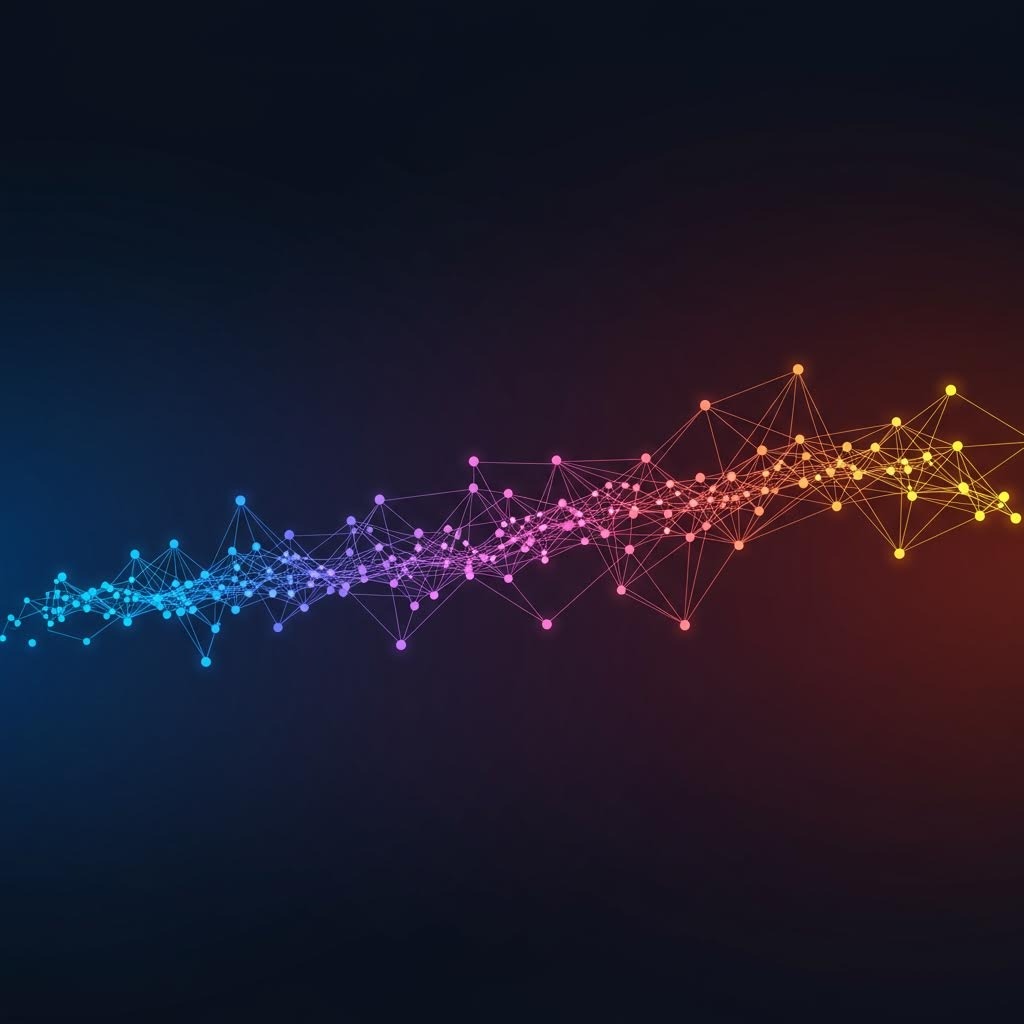 파란색에서 노란색으로 점차 변하는 그라데이션 배경 위에 빛나는 점과 선으로 연결된 부드러운 파형 네트워크 구조를 표현한 추상 그래픽.