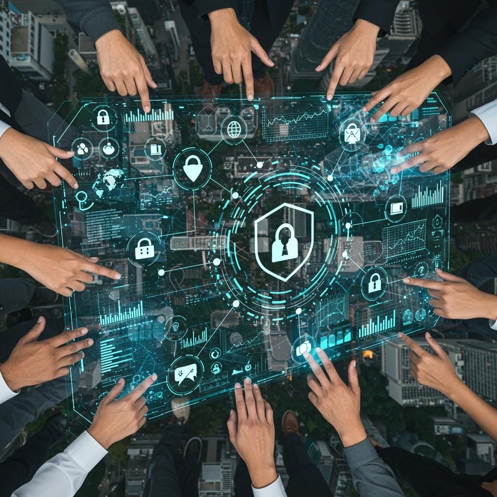 도시 전경 위에 투명한 홀로그램 화면을 여러 손이 터치하며 보안 아이콘과 그래프를 조작하는 장면, 온카스터디 협업 기반 보안 모니터링 시스템.