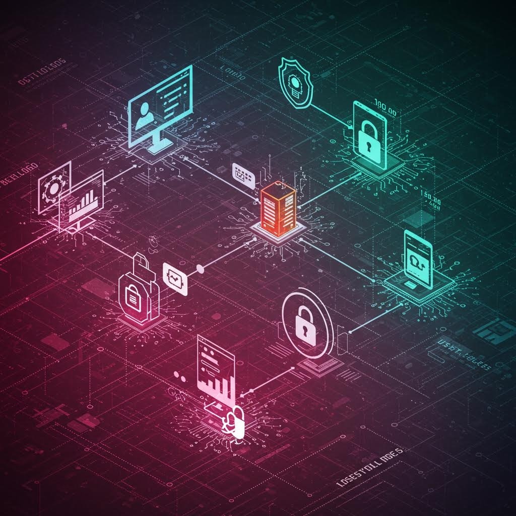 중앙 서버를 중심으로 컴퓨터, 모바일, 클라우드, 자물쇠 아이콘들이 회로처럼 연결된 사이버 보안 인프라 다이어그램, 온카스터디 통합 보안 아키텍처 시각화.