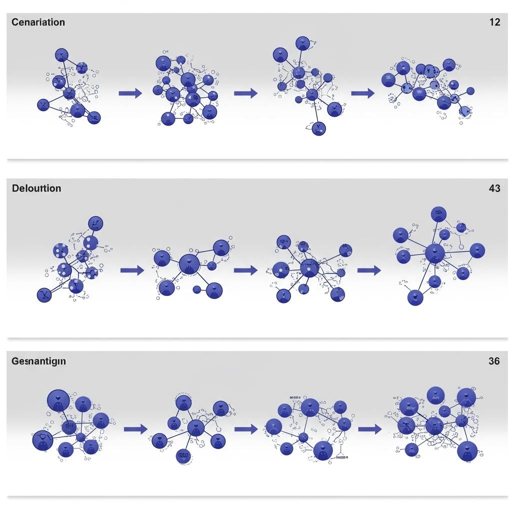 Cenariation, Delourtion, Gesnantigin의 3단계로 나뉜 네트워크 클러스터링 및 감정 변화 과정을 단계별로 보여주는 그래프, 온카스터디 신뢰 네트워크 동역학 연구 자료.