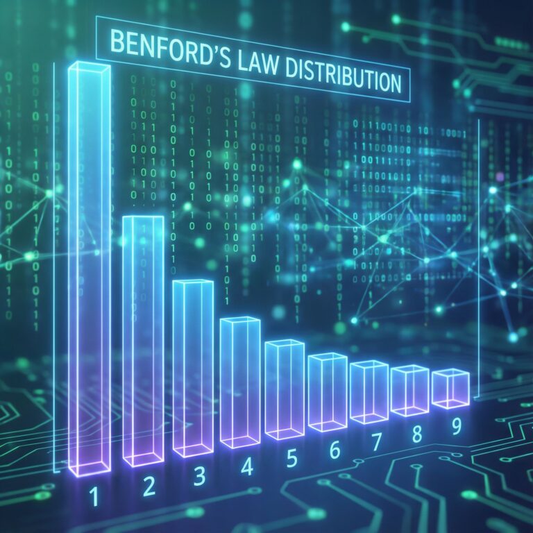 푸른 빛의 디지털 데이터 흐름을 배경으로, 숫자 1이 가장 높게 나타나는 3차원 막대 그래프가 벤포드