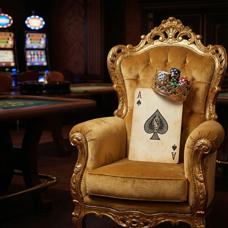 어두운 카지노에서 벨벳 왕좌에 놓인 스페이드 에이스 카드 위에 금박과 칩으로 만든 왕관이 얹혀 있다.